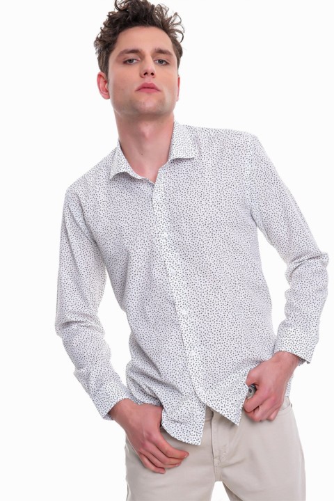 Men Clothing - Men's Beige Cotton Slim Fit Slim Fit Jacquard Patterned Italian Collar Long Sleeve Shirt 100350597 - Turkey