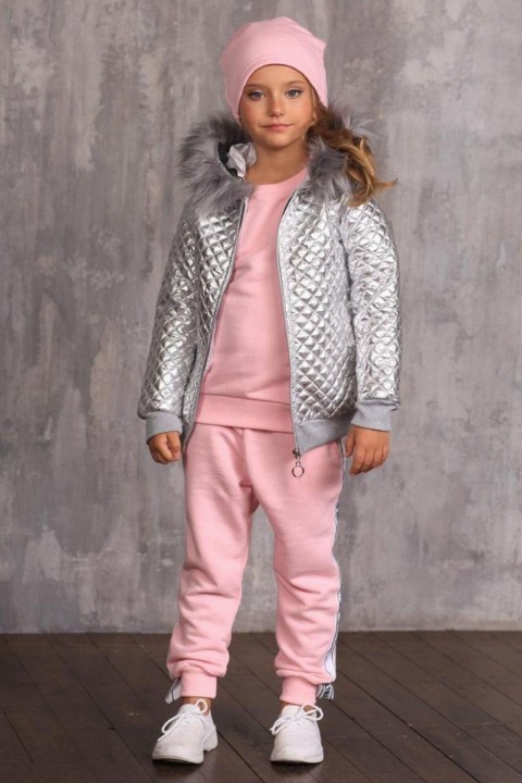 Kids - Girl's Fur Shiny Jacket Powder Tracksuit Set 100326889 - Turkey