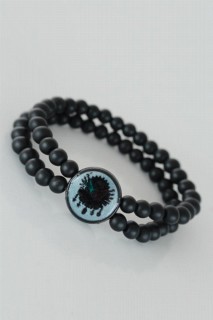 Bracelet - Black Color Double Row Natural Stone Men's Bracelet With Ottoman Crest Figure On Blue Metallic 100318645 - Turkey