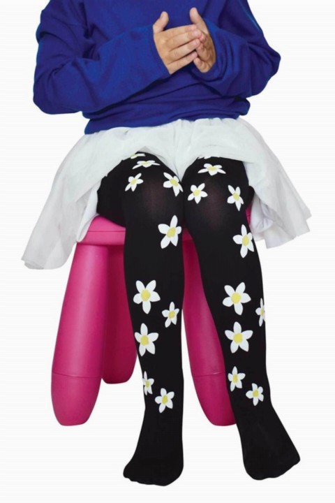 Socks - Gänseblümchen bedruckte schwarze Strumpfhose für Mädchen 100327331 - Turkey