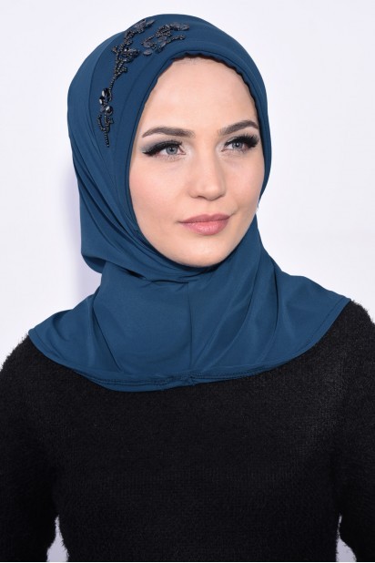 Evening Model - Hijab Paillettes Pratique Bleu Pétrole - Turkey