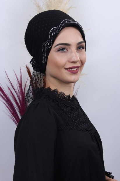Woman Bonnet & Hijab - Tulle Polka Dot Leaf Bonnet Black 100285042 - Turkey
