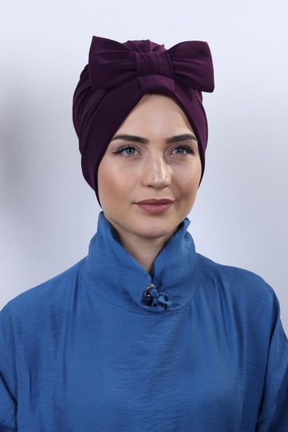 Woman Bonnet & Turban - Bonnet Double Face Prune Avec Noeud - Turkey