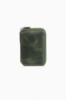 Leather - Zipper Antique Green Leather Mini Wallet 100346114 - Turkey