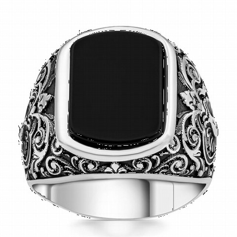 Onyx Stone Rings - Seljuk Patterned Onyx Stone Silver Ring 100350245 - Turkey