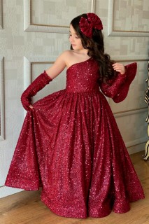 Evening Dress - Robe de soirée rouge bordeaux à sequins détaillés avec volant d'inertie pour filles 100327210 - Turkey