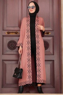 Outwear - Dusty Rose Hijab Knitwear Cardigan 100299135 - Turkey