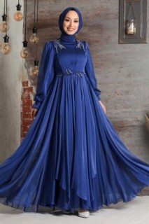 Wedding & Evening - İndigo Blue Hijab Evening Dress 100335624 - Turkey