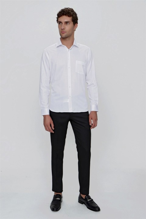 Men's White Jacquard Pocket Regular Fit Wide Cut Shirt with Pockets 100351049