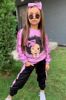 Kids - Girl Candy Girl Printed Bandana Purple Tracksuit Suit 100351619 - Turkey
