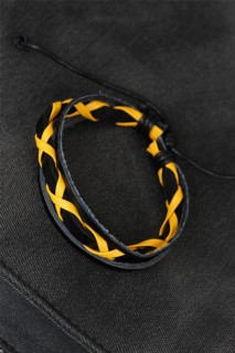 Bracelet - Yellow Leather Black Color Knitted Leather Men's Bracelet 100318736 - Turkey
