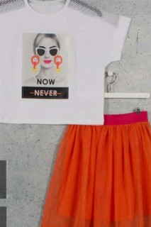 Girl Clothing - بدلة أولاد جديدة أصلية شبكية وتنورة برتقالية مطبوعة 100328230 - Turkey
