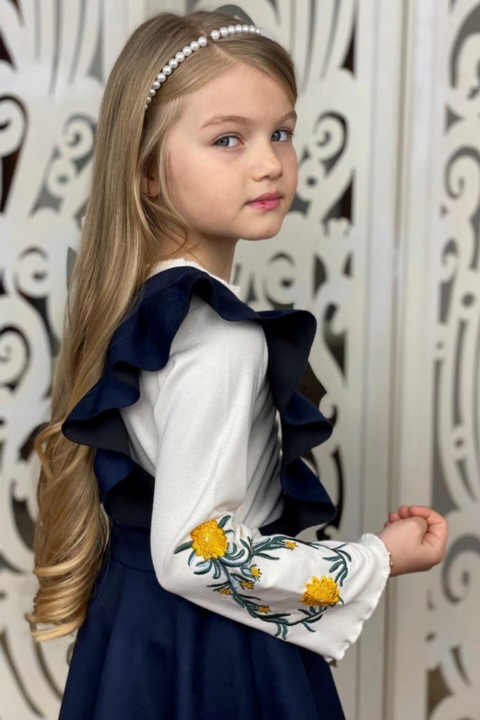 Girl's Suspender Ruffled Blouse Floral Embroidered Suede Petrol Blue Salopet Set 100327374