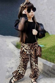 Kids - Girl's Organza Sleeves and Bandana Leopard Bottom Top Set 100328327 - Turkey