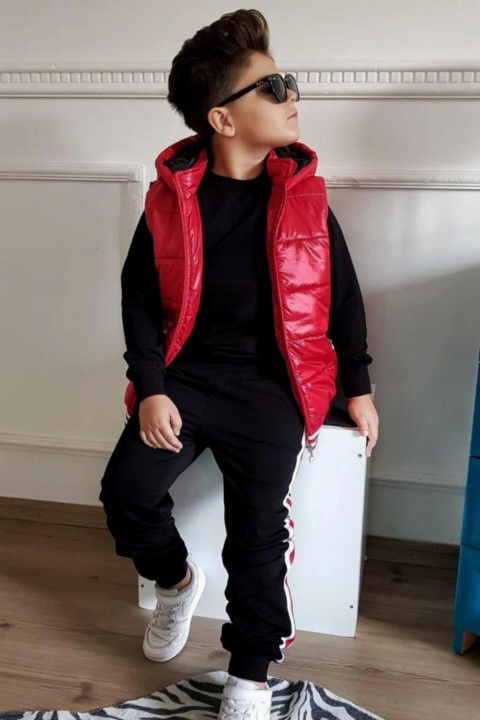 Tracksuit Set - Boy Red Inflatable Vest Striped Tracksuit 100327067 - Turkey