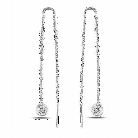 jewelry - Round Zircon Stone Chain Model Silver Earrings 100347587 - Turkey