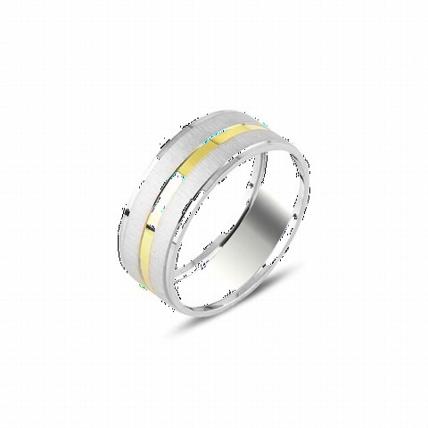 Men - Plain Middle Part Gold Sliver Patterned Silver Wedding Ring 100346993 - Turkey