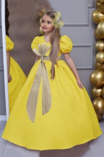 Evening Dress - Girl's Waist Glittery Ribbon Detailed Watermelon Sleeve Yellow Evening Dress 100327726 - Turkey