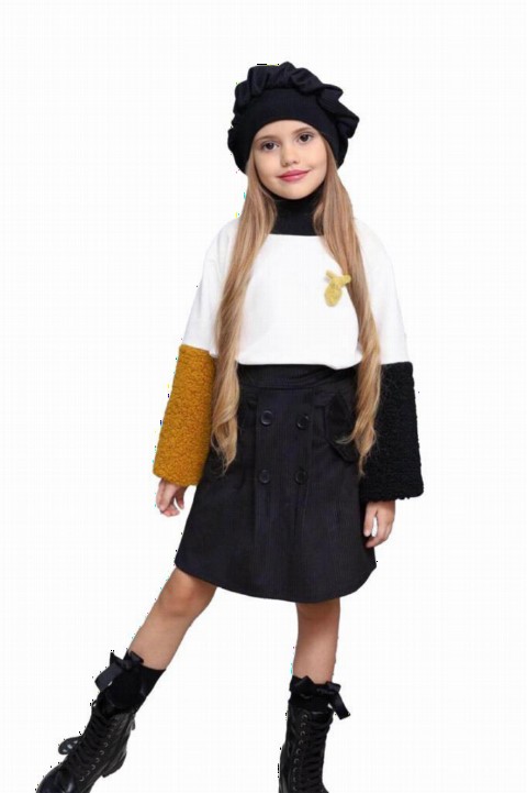 Outwear - Girl's Hat & Sleeves Mustard Wool Velvet Skirt Suit 100327138 - Turkey