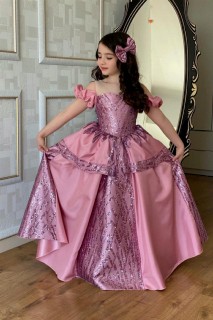 Evening Dress - Robe de soirée fille rose avec col transparent et détail prune 100328295 - Turkey
