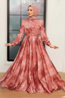 Woman Clothing - Dark Salmon Pink Hijab Evening Dress 100341449 - Turkey