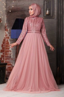 Evening & Party Dresses - Salmon Pink Hijab Evening Dress 100334575 - Turkey