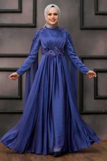 Wedding & Evening - İndigo Blue Hijab Evening Dress 100336891 - Turkey