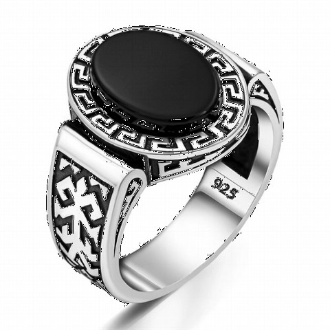 Onyx Stone Rings - Labyrinth Patterned Onyx Stone Silver Ring 100350230 - Turkey