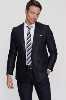 Outdoor - Men's Navy Blue Perotta Double Breasted Jacquard 6 Drop Suit 100352694 - Turkey