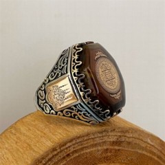 Amber Stone Cornered Hz. Seal of Solomon Motif Sterling Silver Men's Ring 100348738