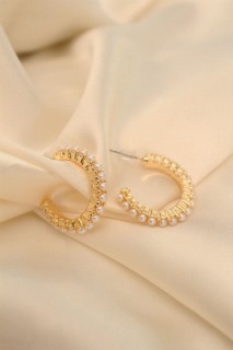Earrings - Gold Color Pearl Stone Hoop Earrings 100319664 - Turkey