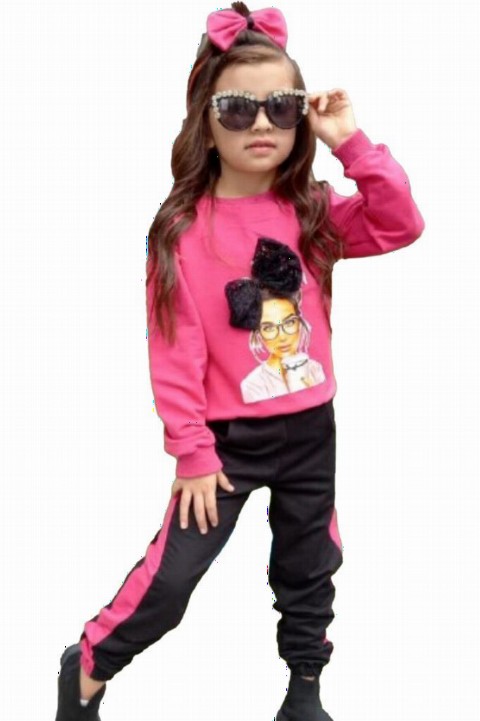 Tracksuits, Sweatshirts - Girls' Lace Bow and Striped Pink Tracksuit Suit 100327012 - Turkey