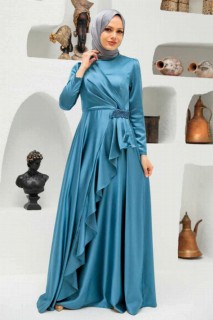 Evening & Party Dresses - İndigo Blue Hijab Evening Dress 100340004 - Turkey