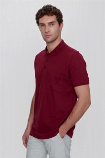 T-Shirt - Men's Claret Red Basic Plain 100% Cotton Oversized Wide Cut Short Sleeved Polo Neck T-Shirt 100350932 - Turkey