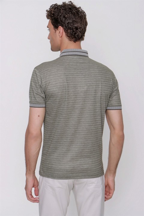 Men's Khaki Printed Dynamic Fit Comfortable Cut Buttoned Collar Short Sleeve Striped T-Shirt 100350821