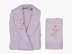 Bathroom - Scar Embroidered 100% Cotton Single Bathrobe Set Lilac 100329398 - Turkey