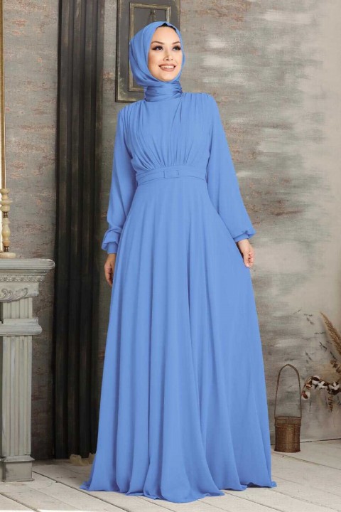 Evening & Party Dresses - İndigo Blue Hijab Evening Dress 100333064 - Turkey