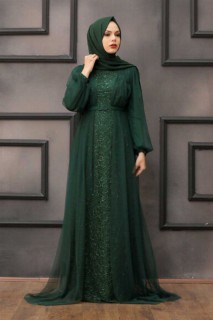 Wedding & Evening - Dark Green Hijab Evening Dress 100337555 - Turkey
