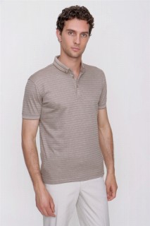 Top Wear - Men's Beige Printed Dynamic Fit Comfortable Cut Buttoned Collar Short Sleeve Striped T-Shirt 100351425 - Turkey