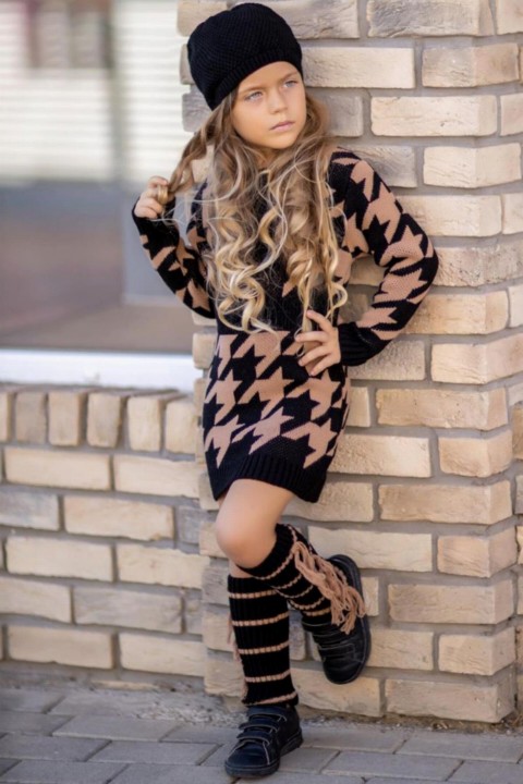 Girl Star Patterned Beret and Leggings Gift Knitwear Dress 100327024