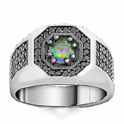 Silver Rings 925 - Octagon Model Silver Ring with Mystic Topaz Stone in the Middle 100349309 - Turkey