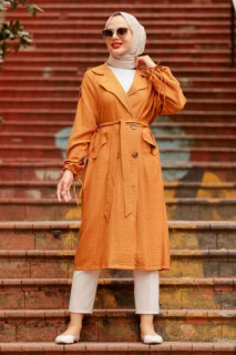 Woman Clothing - Dark Mustard Hijab Coat 100338912 - Turkey