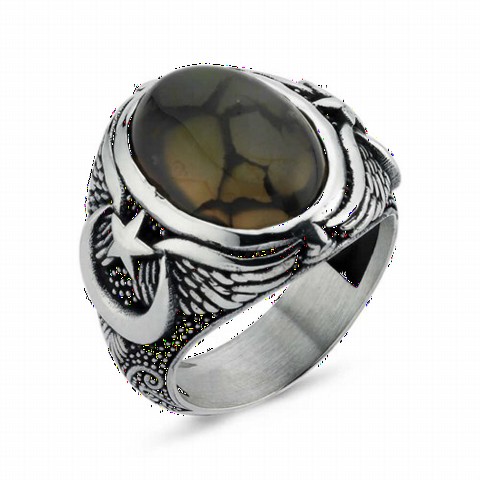 Silver Rings 925 - Yemen Agate Stone Sides Moon Star Patterned Silver Men's Ring 100349221 - Turkey
