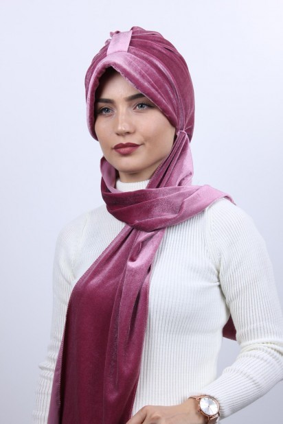 Ready to wear Hijab-Shawl - Velvet Shawl Hat Bonnet Dried Rose 100283143 - Turkey