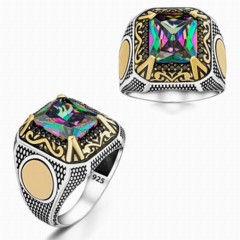 Others - Square Mystic Topaz Stone Embroidered Sterling Silver Men's Ring 100346460 - Turkey