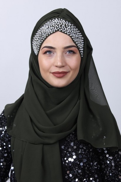 Ready to wear Hijab-Shawl - شال بتصميم ستون بونلي أخضر كاكي - Turkey