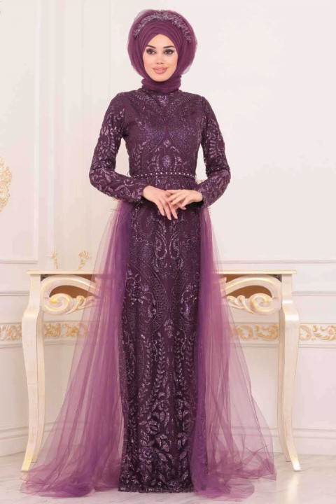 Evening & Party Dresses - Plum Color Hijab Evening Dress 100332980 - Turkey