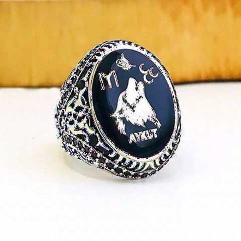 Three Crescent Gray Wolf Motif Silver Ring 100347944