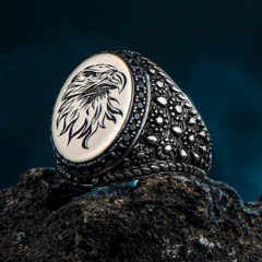 Men - Eagle Embroidered Side Drop Motif Sterling Silver Ring 100346773 - Turkey