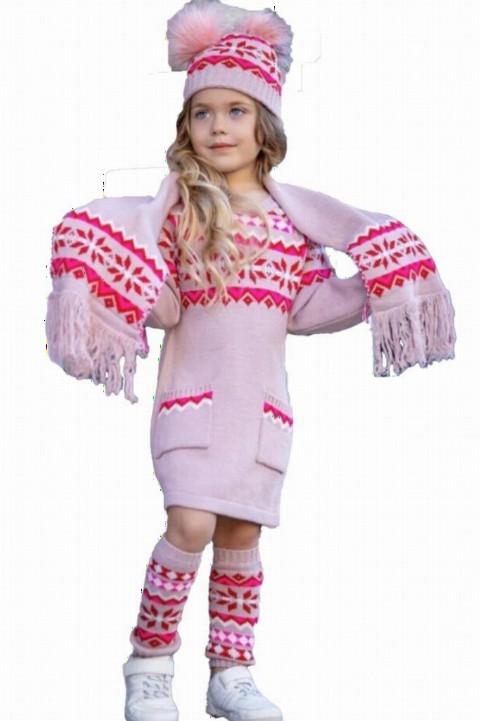 Outwear - Girl's New Diva 4 Piece Pink Knitwear Dress 100327095 - Turkey